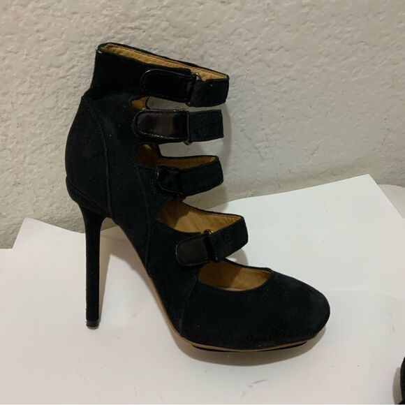New L.A.M.B Heels Platform Strappy Buckles Suede Black Gwen Stefani New - Picture 2 of 15